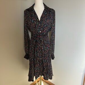 Diane Von Furstenberg Black Collared, Colorfully Speckled Button-up Dress